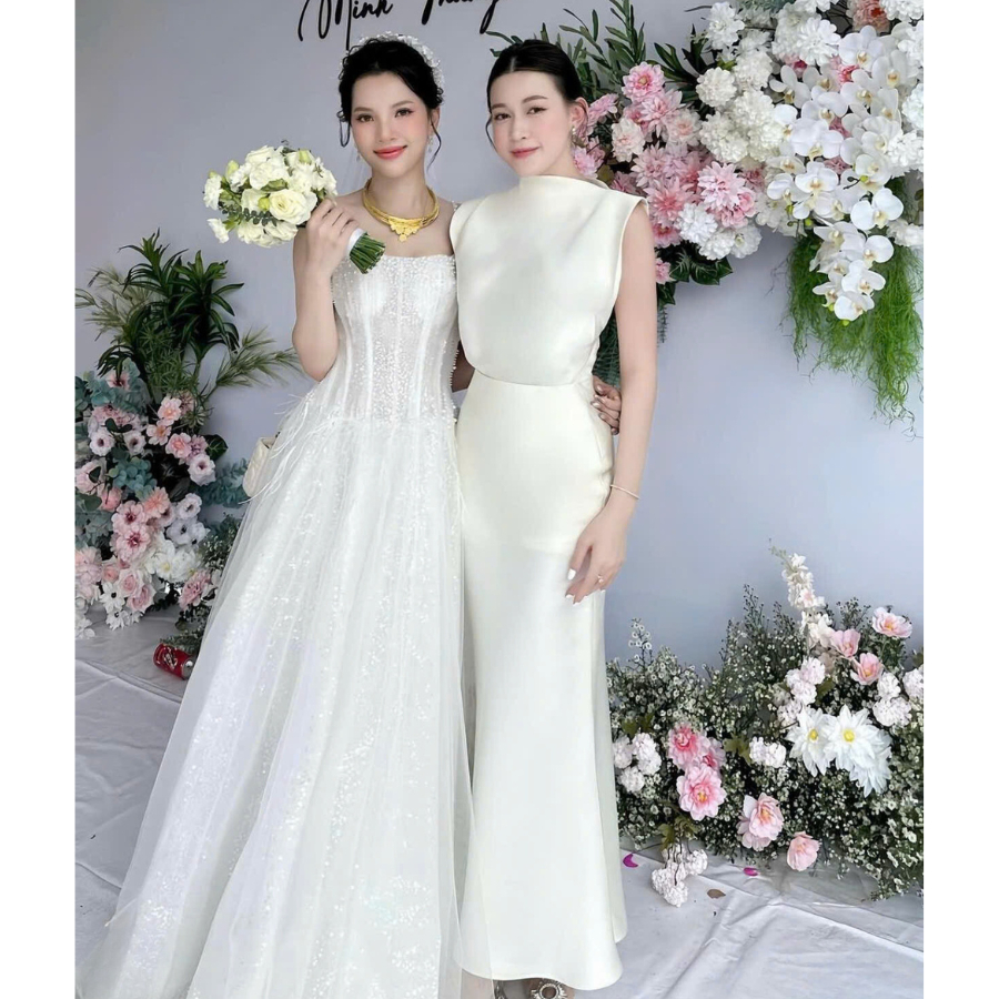 Váy Trắng Dáng Dài Đi Tiệc Áo Hở Vai Kèm Chân Váy Dáng Dài MELLYSTORE Váy Bánh Bèo Cao Cấp Đẹp Quyến Rũ ,Sang Trọng