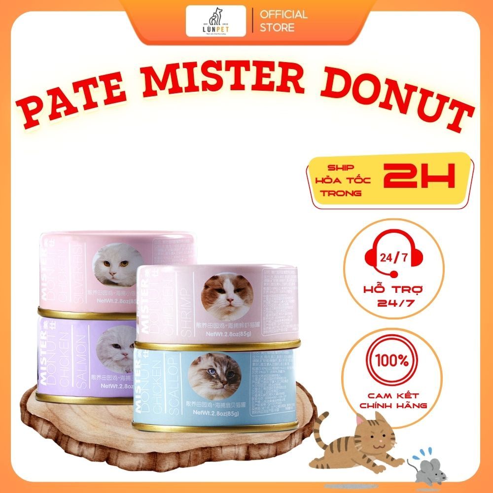 Thức ăn cho mèo con, mèo lớn Pate Mister Donut series G lon 85gr -Đủ vị