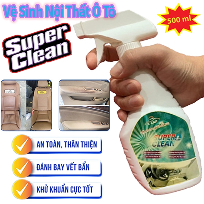 Xịt Vệ Sinh Làm Sạch Nội Ngoại Thất Ô Tô Super Clean 500ml, Làm Sạch Khử Mùi Kính, Ghế Da Nỉ Xe Hơi - Kèm Khăn Lau