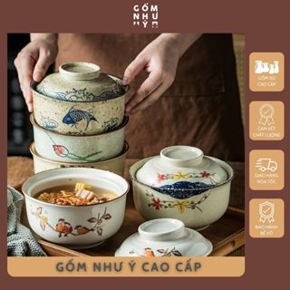 Bát tô sứ có nắp đậy úp mì tôm, phở, phong cách Nhật Bản họa tiết men tiểu cổ