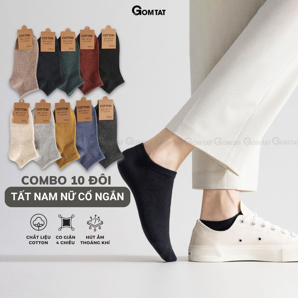 [FLASHSALE] Set 10 đôi tất vớ nam nữ cổ ngắn nhiều màu GOMTAT, chất liệu cotton mềm mại thoáng mát - CB023-10DOI