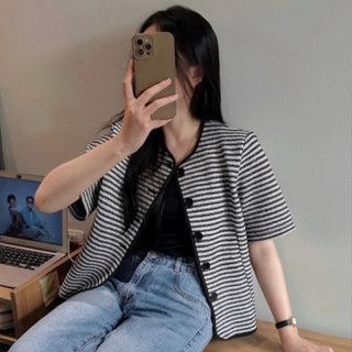 [HÀNG CÓ SẴN] Áo blazer cộc tay kẻ sọc STRIPED TWEED thanh lịch phong cách Hàn Quốc