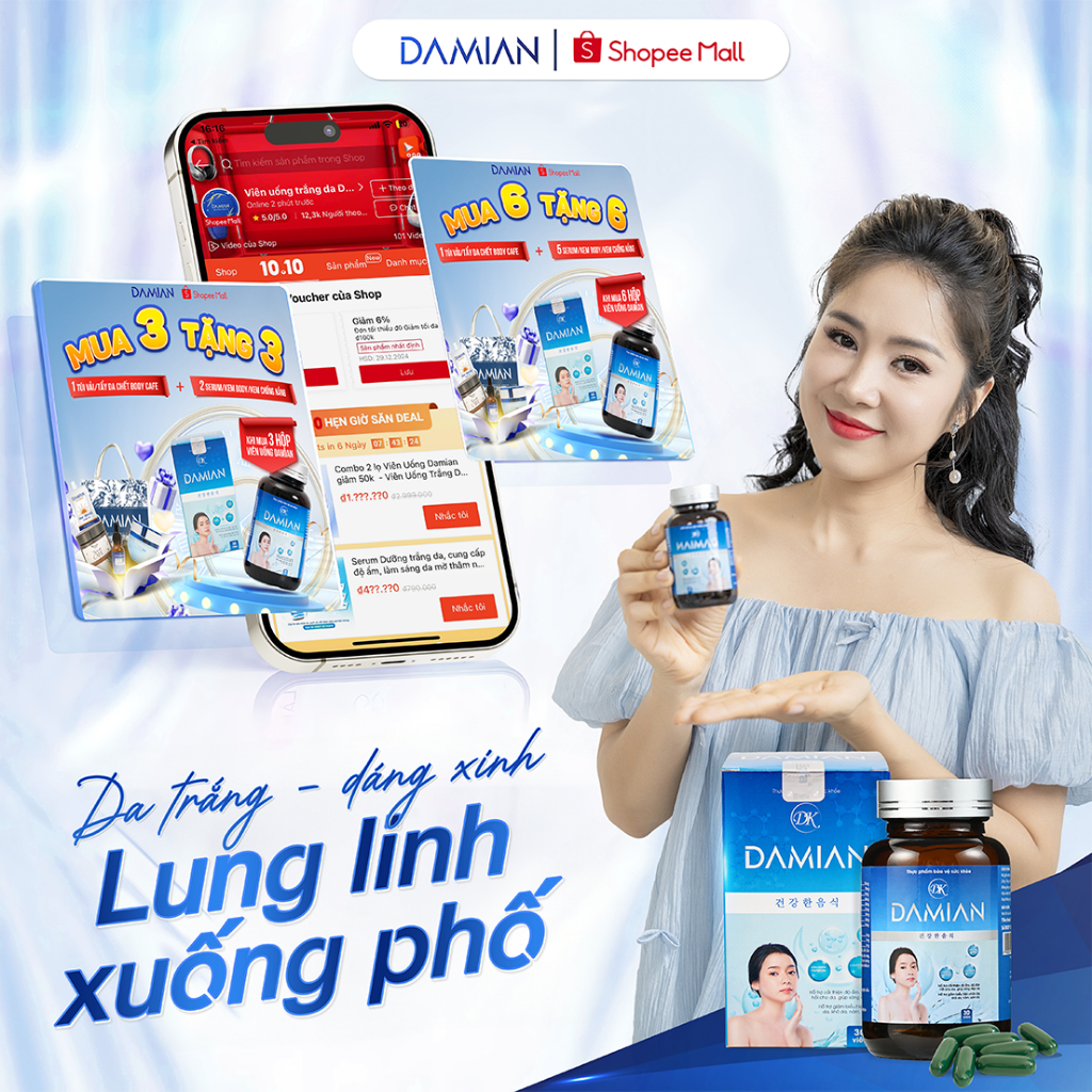[Mua 3 Tặng 3] Viên Uống Trắng Da Hàn Quốc Damian, hỗ trợ làm mờ thâm nám, tàn nhan dưỡng trắng chỉ sau 30 Ngày