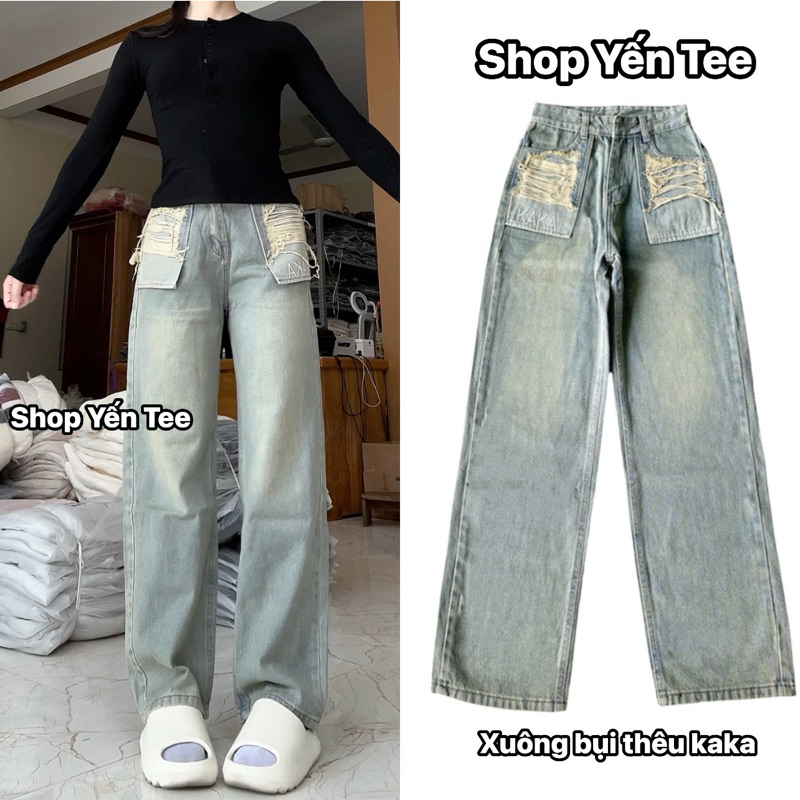 Hot 2025 - Quần jeans ống rộng màu bụi , túi xước thêu aka cá tính Yến Tee