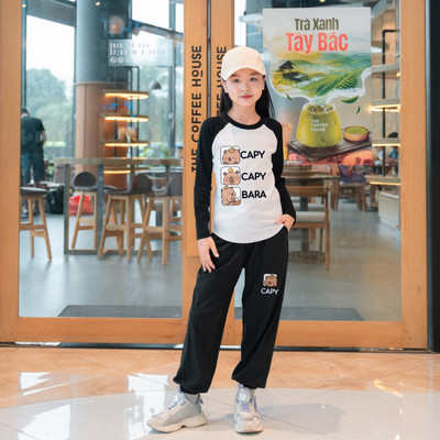 Bộ thu đông bé gái in hình capybara - Bộ dài tay bé gái cân nặng từ 15-38kg-  Loza Kids BZ133