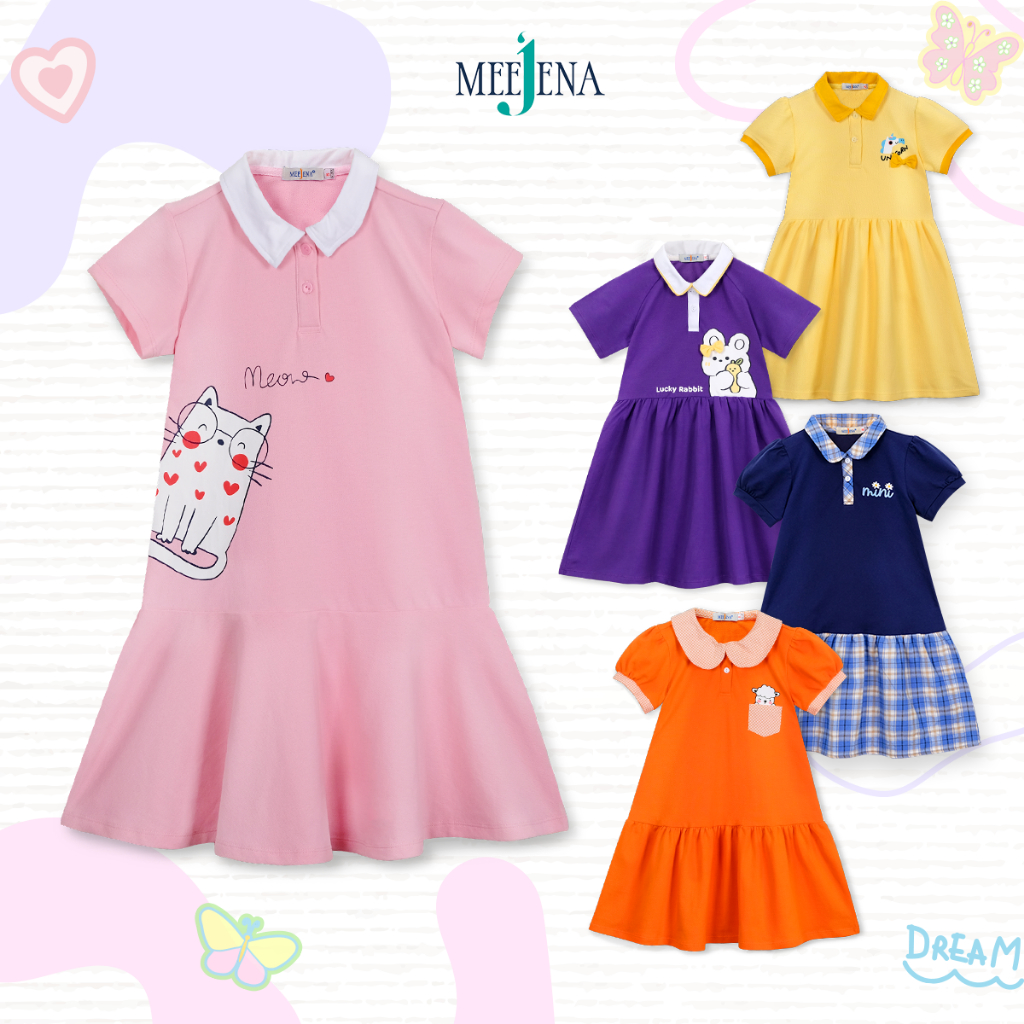 Váy bé gái, Váy cho bé gái ngắn tay từ 3-8 tuổi (14-39 kg), Váy xinh bé gái MEEJENA vải cá sâu, All5