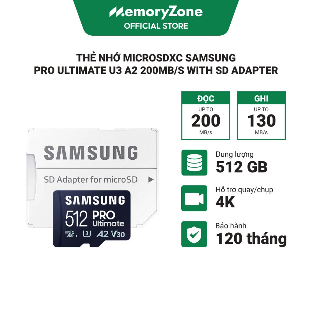 Thẻ Nhớ MicroSDXC Samsung Pro Ultimate U3 A2 128GB - 256GB - 512GB 200MB/s With SD Adapter