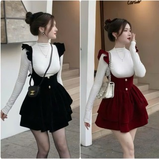  Sét yếm váy nữ tính nhẹ nhàng phù hợp dịp noel chụp tết sét áo trắng tay dài cổ lọ phối yếm váy cánh tiên dáng ngắn xòe 