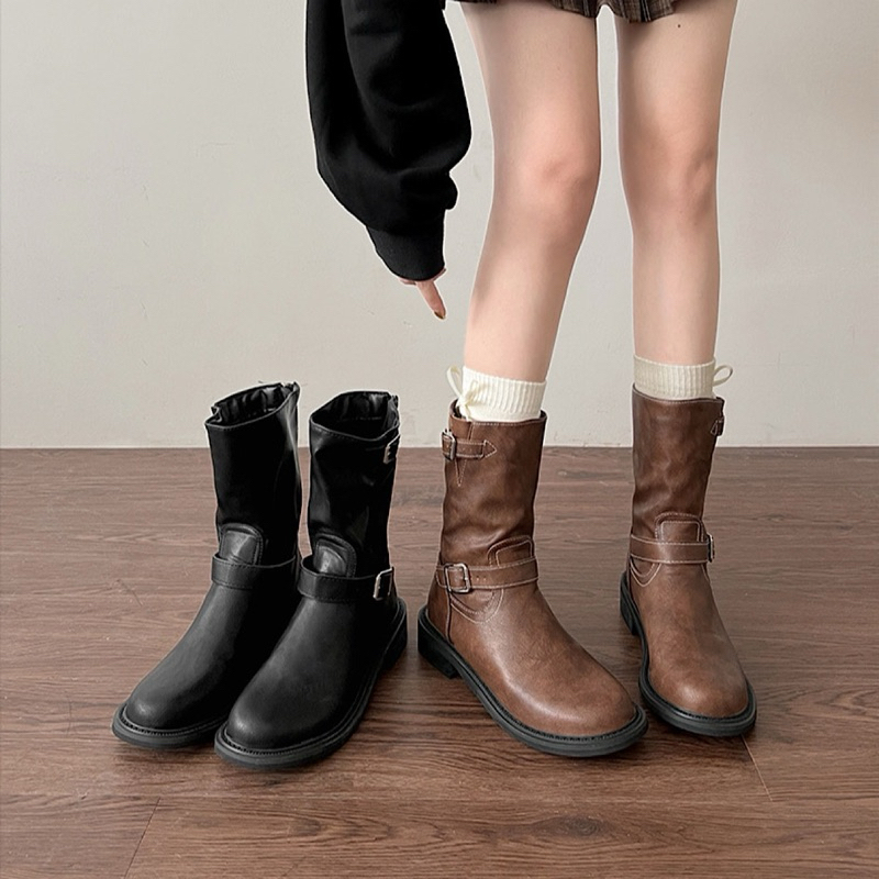 (Hàng Loại I) Giày boot bốt nữ cao cổ cao bồi đế bằng bốt lửng 4cm da trơn Eudora899 A1809