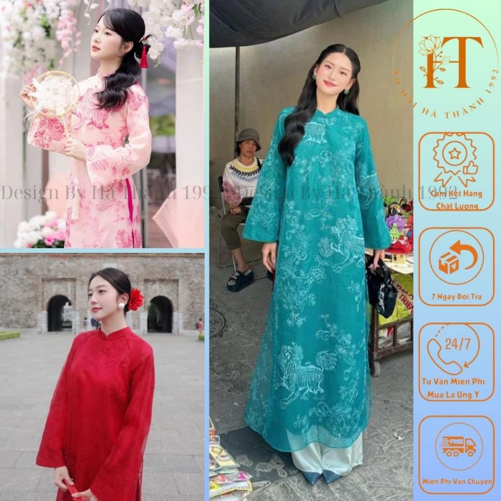 Áo dài cách tân 4 tà dáng suông BÍCH SƯ thiết kế tay loe, chất liệu tơ thêu họa tiết Kỳ Lân cao cấp