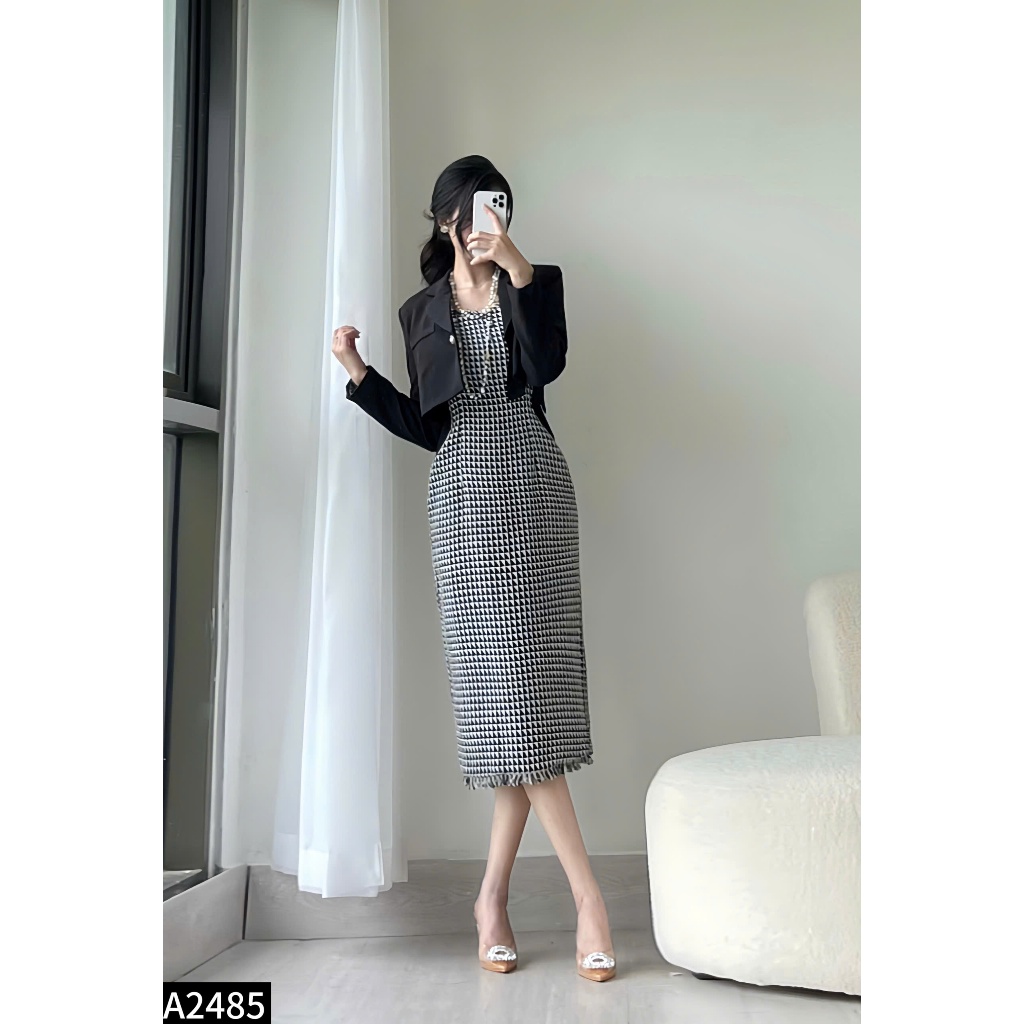 Set áo vest phối đầm dạ dệt 2 dây sang chảnh cho các nàng đi tiệc A2485