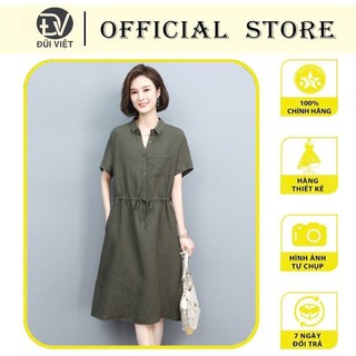 Đầm linen suông form rộng kèm dây buộc eo, Váy sơ mi nữ ngắn tay thời trang công sở