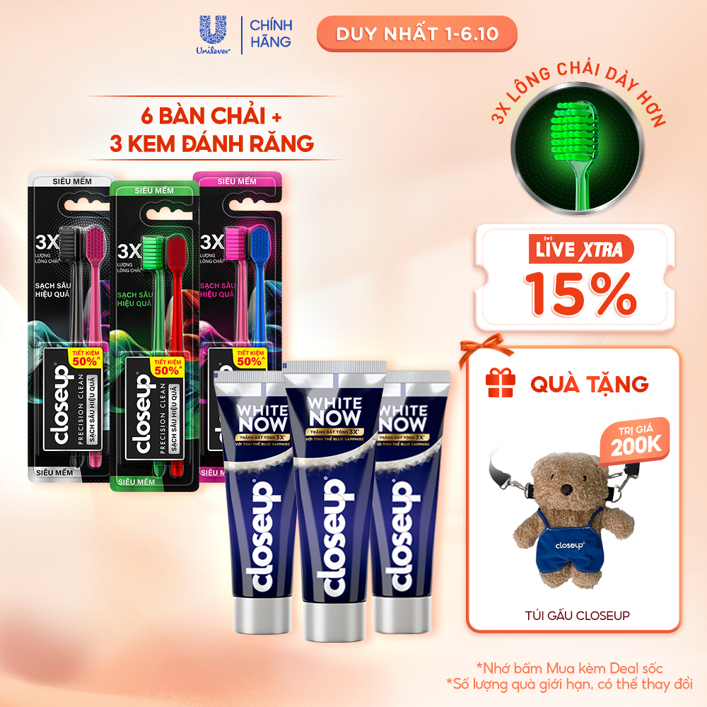 Combo 3 Kem đánh răng Closeup White Now +  Bộ 6 bàn chải Closeup Precision Clean siêu mềm
