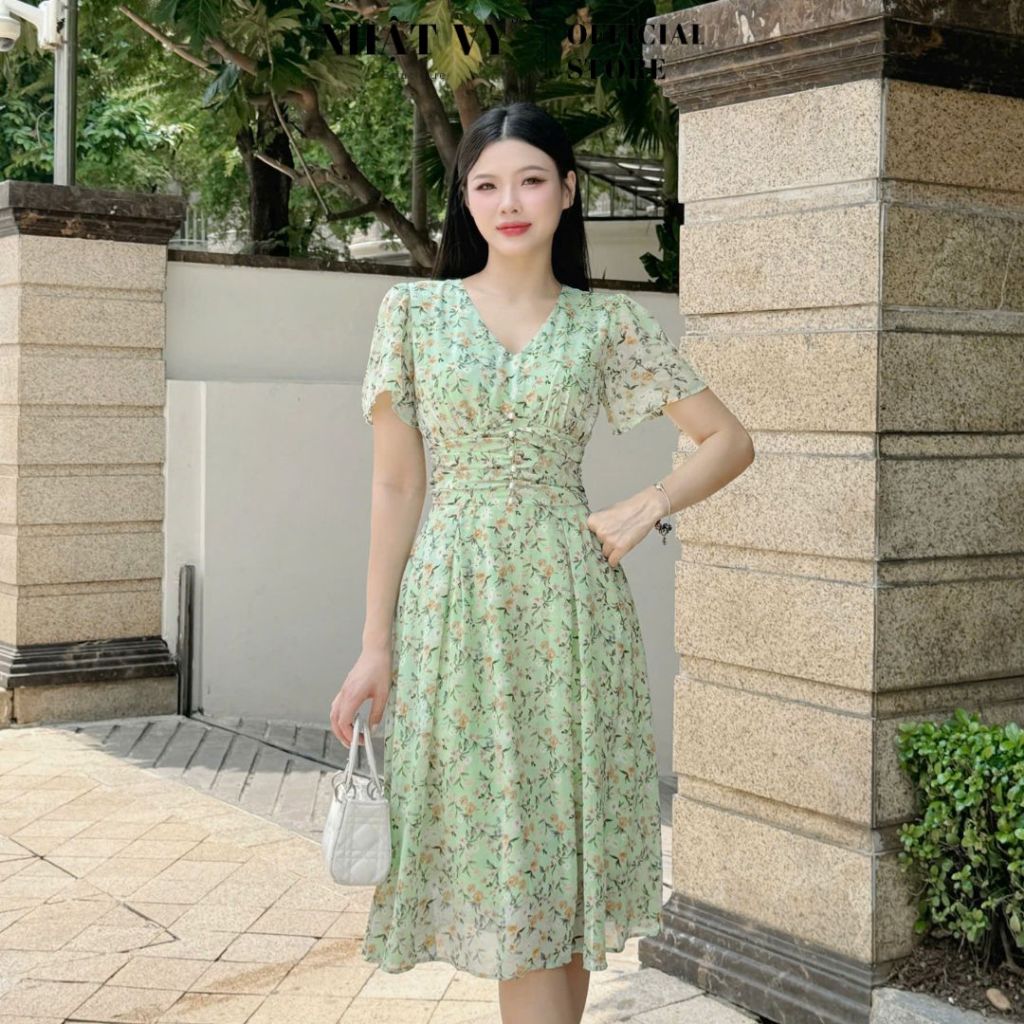 Đầm voan hoa Nhật Vy cổ tim tay ngắn nhún eo đính ngọc có lót phù hợp đi chơi du lich làm việc dạo phố chụp ảnh - D2983