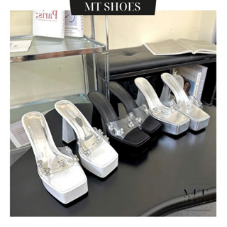 Guốc cao gót 12P đúp mũi quai trong suốt đính charm đá cao cấp form đẹp MT Shoes GN050