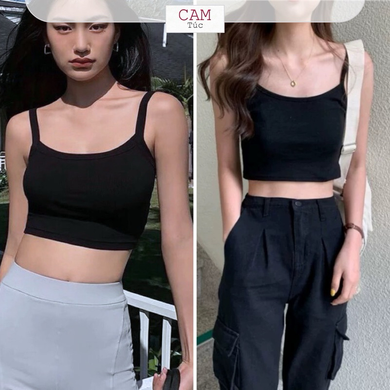 Áo Hai Dây Croptop Đen Đơn Giản Cho Nữ