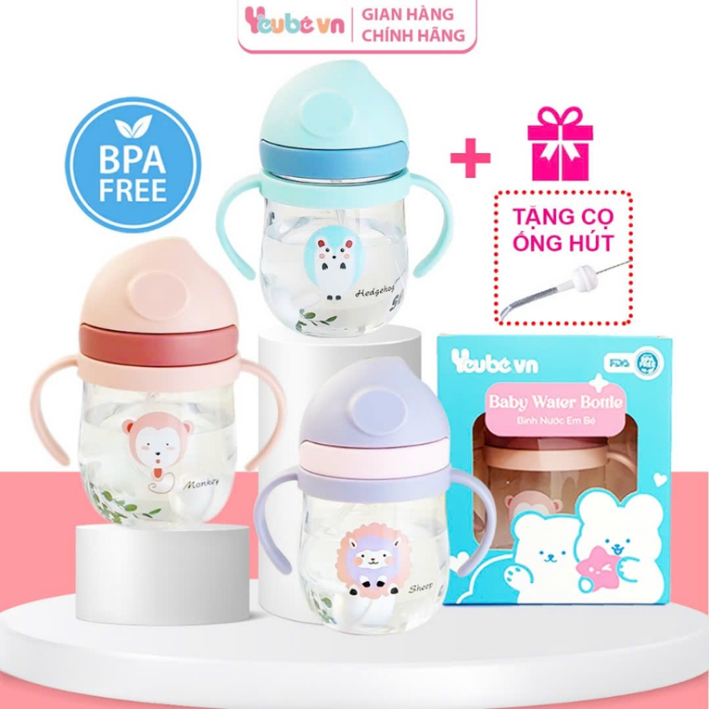 Bình Tập Uống Nước Chống Sặc Cho Bé Yeubevn 250Ml Có Van Chống Sặc Tay Cầm Tập Hút Ống Hút Silicon An Toàn Nướu Bé