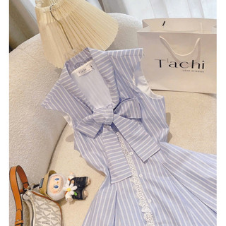 CÒN SIZE S - ĐẦM XANH SỌC PHỐI REN NƠ CỔ ( Tachi)