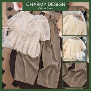 Set Tiểu Thư Azami 2 Món Áo Sơ Mi Babydoll Thêu Hoa Phối Quần Vải Xước Nhật Style Retro Thanh Lịch Charmy Design