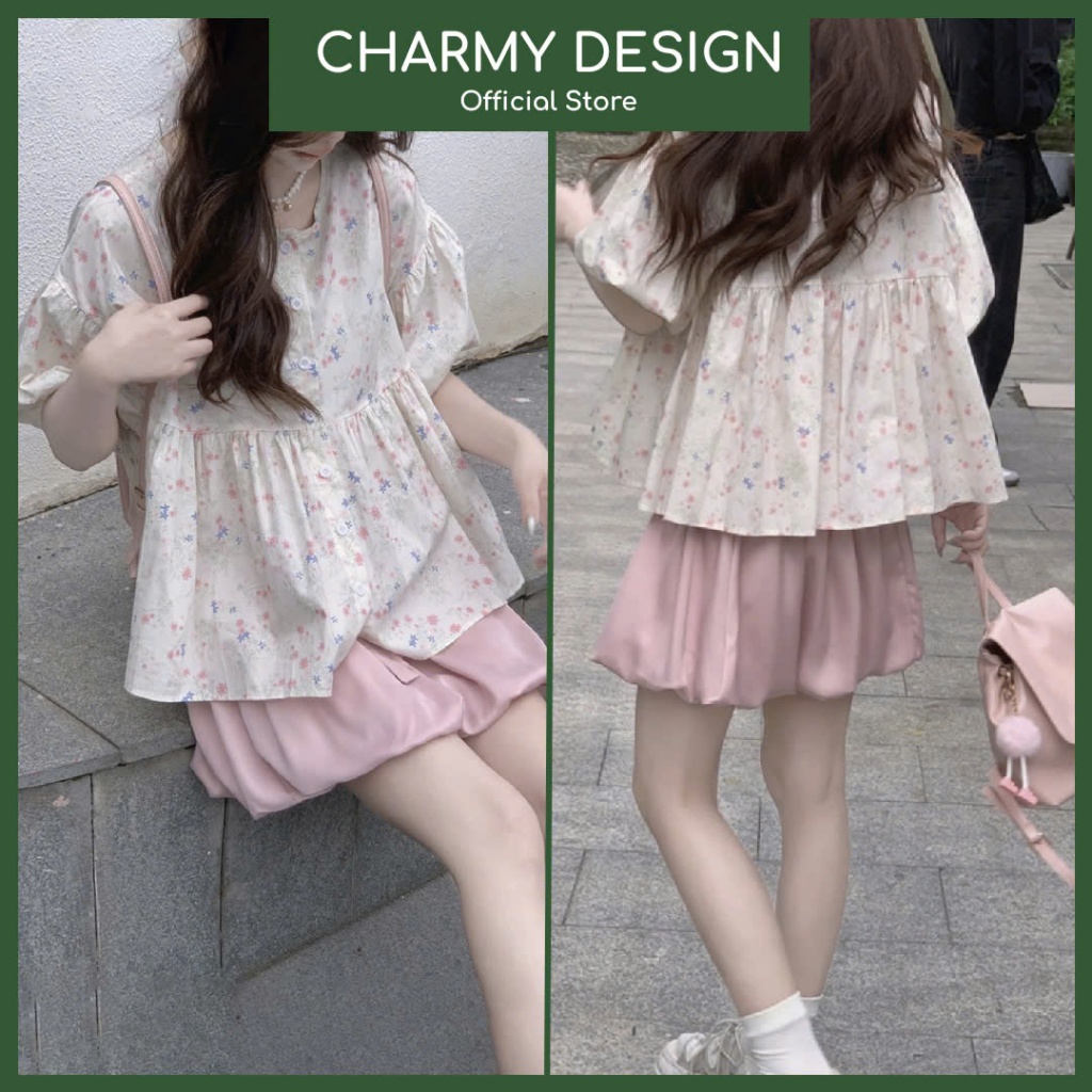 Set Bộ Nữ Ellen Áo Hoa Kèm Quần Giả Váy Thời Trang Cá Tính, Chất Vải Thô Mềm Mại Charmy Design