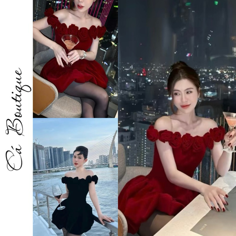    có bigsize   Đầm Nhung Trễ Vai Đính "8 BÔNG" Hoa Cuốn Phối Váy Bí Phồng 