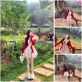 Đầm hela tiểu thư in hoa phối ren + áo khoác bèo