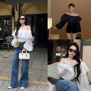 Áo trễ vai dự tiệc, áo trắng voan tơ tay dài bẹt vai thiết kế cách điệu phong cách tiểu thư sang chảnh cho nàng đi chơi