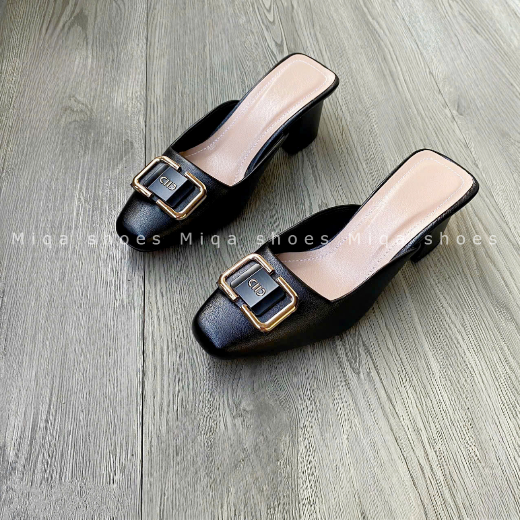 (Size ngoại cỡ 35-42) Giày sục nữ gót vuông 5cm trơn mũi vuông đính mác da mờ cao cấp chống trơn - Giày bigsize