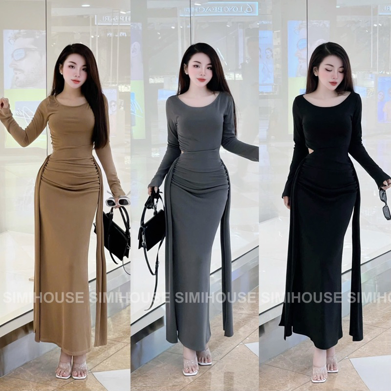 VÁY BODY CỔ THUYỀN KHOÉT EO 2 TÀ- Đầm body tay dài mùa thu khoét eo hai tà rủ thiết kế Women Dress