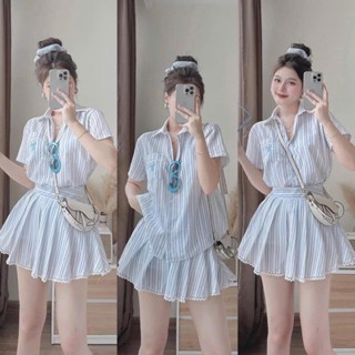 BIGSIZE HIẾU HIẾU (55-95KG) - Set thời trang nữ sọc Áo sơ mi cổ sen túi có thêu nơ + Chân váy phối viền ren