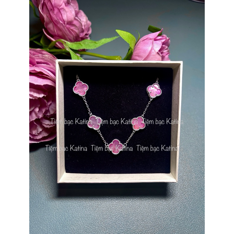 Lắc tay nữ bạc 925 cỏ 4 lá màu hồng pink - 5 bông hottrend