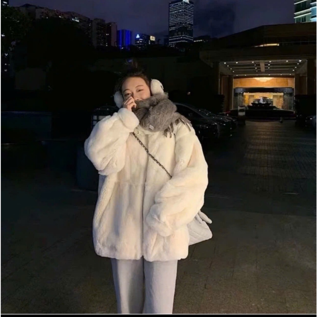 Áo Khoác Lông Thỏ Trơn Không Mũ Mềm Mịn Form Dáng Rộng 2 Lớp Dầy Dặn Unisex Nam Nữ