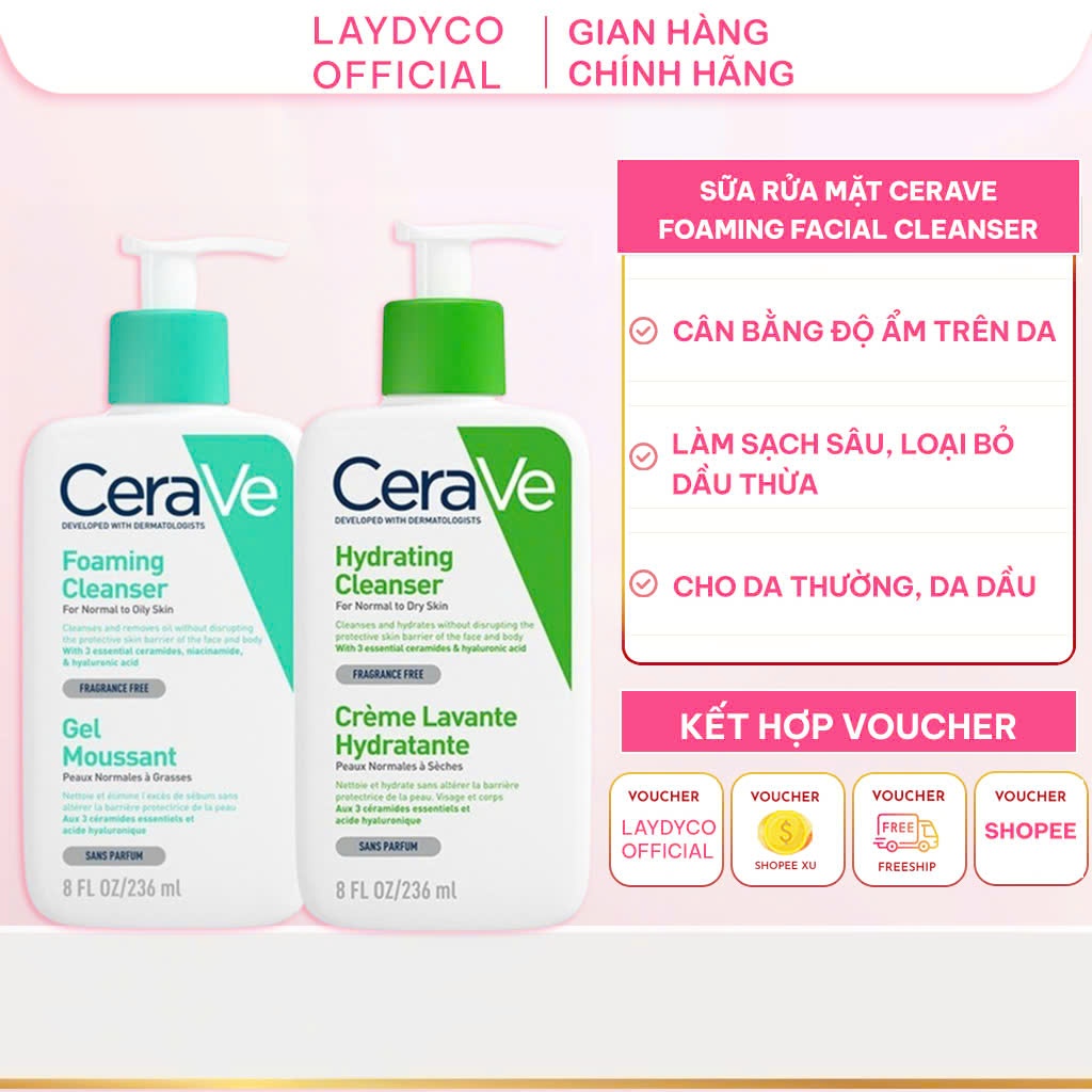 Sữa Rửa Mặt Cerave Foaming Facial Cleanser 236ml ,Cerave Sữa Rửa Mặt Dành Cho Da Dầu Mụn