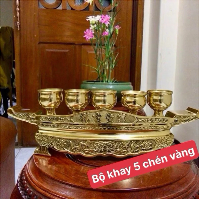 Bộ khay nước đồng thờ cúng 5ly bộ chung nước đồng thờ cúng ly trơn