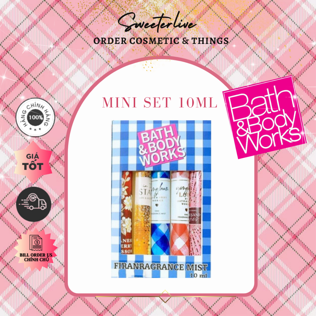 Set 5 Chai Chiết Xịt Thơm Body Mist Bath and Body Works 10ml (Fullbox ) Mix Mùi Hot Nhất Của Hãng