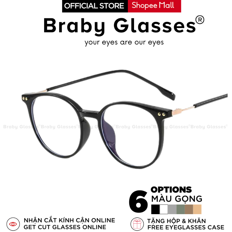 Gọng kính cận mắt tròn thời trang nam nữ Braby Glasses chất liệu nhựa dẻo TR90 đơn giản và trẻ trung sang trọng MK119