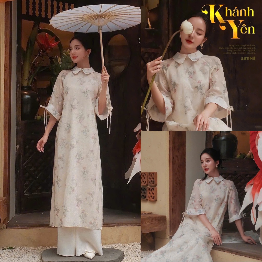 Áo dài cách tân KHÁNH YÊN vải thô hoa phối cổ sen tay gập đính nơ dáng suông kèm quần lụa