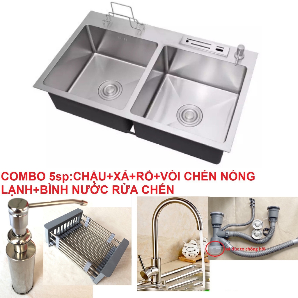 Combo Chậu Rửa Chén Bát INOX  N16 8245 NA.GRAND và xả và rổ và vòi chéN và bình nước rửa chén