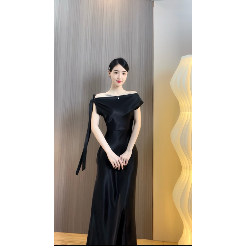 Đầm dự tiệc thiết kế trễ vai phối nơ chất lụa hàn Đầm dự tiệc sang trọng-lụa lệch vai | BigBuy360 - bigbuy360.vn