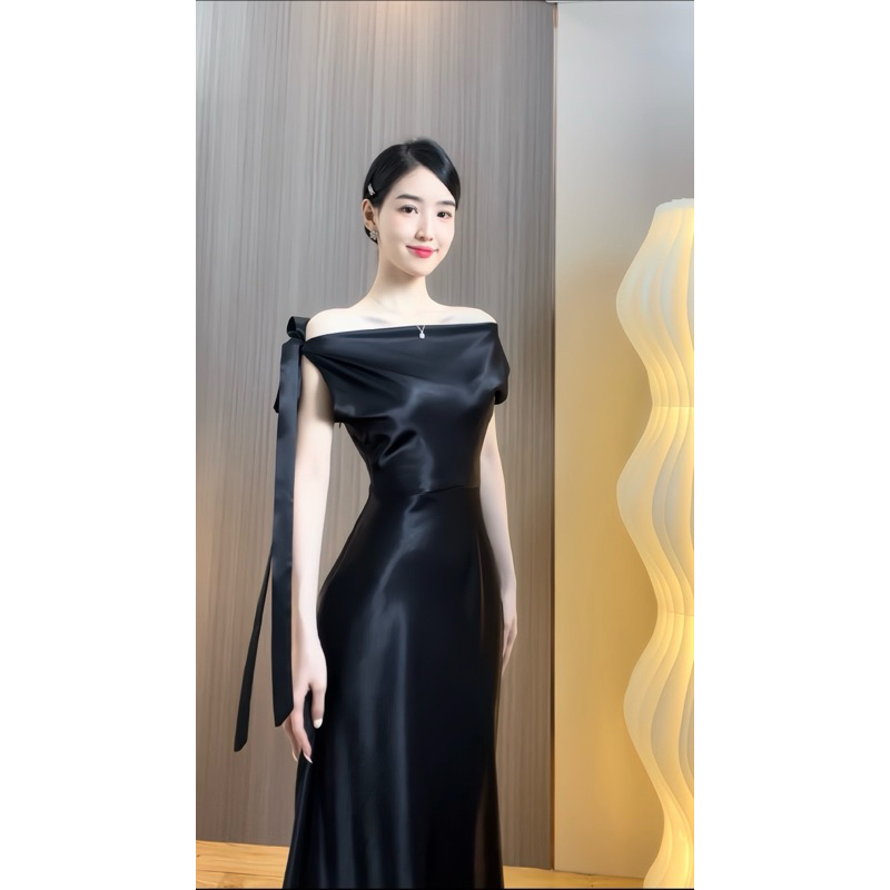 Đầm dự tiệc thiết kế trễ vai phối nơ chất lụa hàn Đầm dự tiệc sang trọng-lụa lệch vai | BigBuy360 - bigbuy360.vn