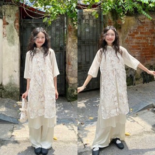 (Tặng kèm túi) Áo dài cách tân Tết Mai Thi họa tiết hoa đào tay voan kèm quần dài cạp chun