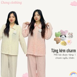 Bộ kẻ caro áo dài quần dài chất thô đũi mềm mại bộ dài nữ mặc nhà xinh