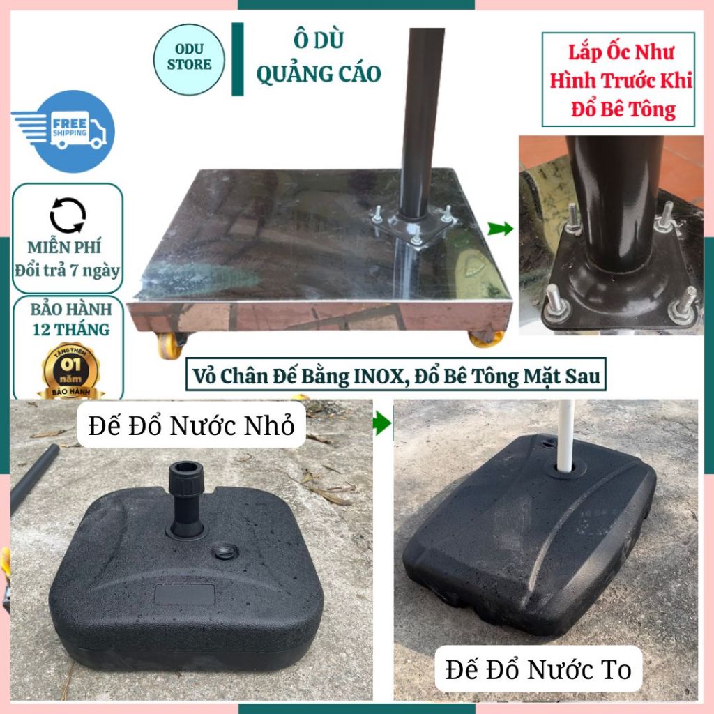 Chân Đế Cho Các Loại Ô Dù Lệch Tâm, Ô Dù Chính Tâm Làm Bằng INOX Có Bánh Xe Chưa Đổ Bê Tông Và Đế Nh