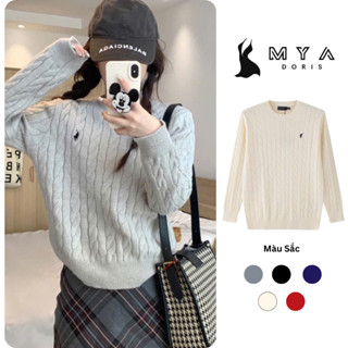 Áo len tay dài nữ MYA, áo sweater len dệt kim vặn thừng thêu ngựa cổ tròn