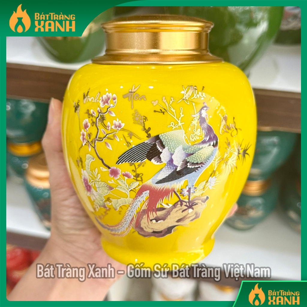 Hũ đựng trà gốm sứ Bát Tràng, Bình đựng trà nắp vặn, Lọ đựng chè Bát Tràng vẽ vàng