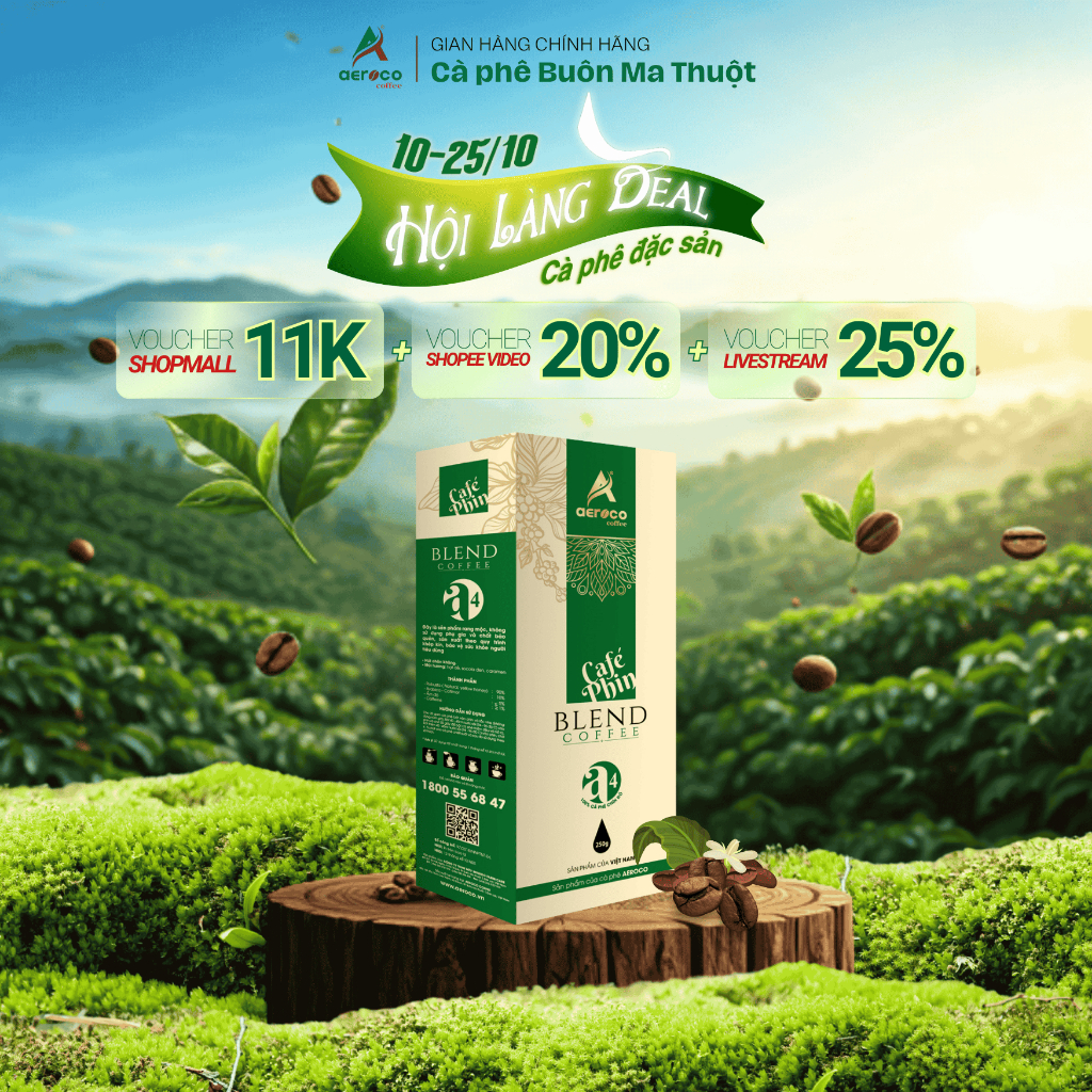 Cà phê đặc sản A4_Specialty Coffee_AEROCO COFFEE nguyên chất 100%, rang mộc, hậu vị ngọt thơm hộp 25