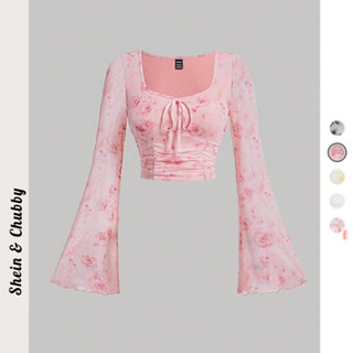 [Bigsize 45-80kg / Order] Áo thun voan nhún ngực in hoa văn boho cổ vuông tay loe form ngắn thanh lịch mùa xuân