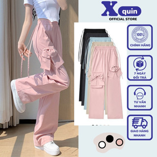 Quần ống rộng nữ túi hộp đính nơ thắt dây 2 bên Xquin, Quần ống đứng form rộng lưng chun túi nơ siêu hack dáng