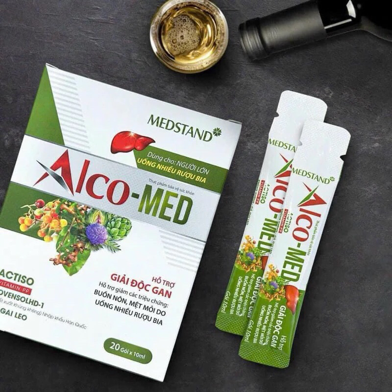 Gói uống giải rượu bia Alcomed alco med giúp giải rượu bia hiệu quả, giảm triệu chứng khó chịu đau đ