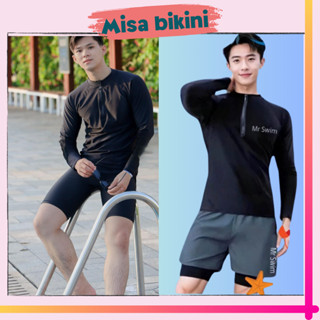 Đồ bơi nam kín đáo màu đen áo tay dài khóa kéo quần đùi 2 lớp phông cách thể thao năng động